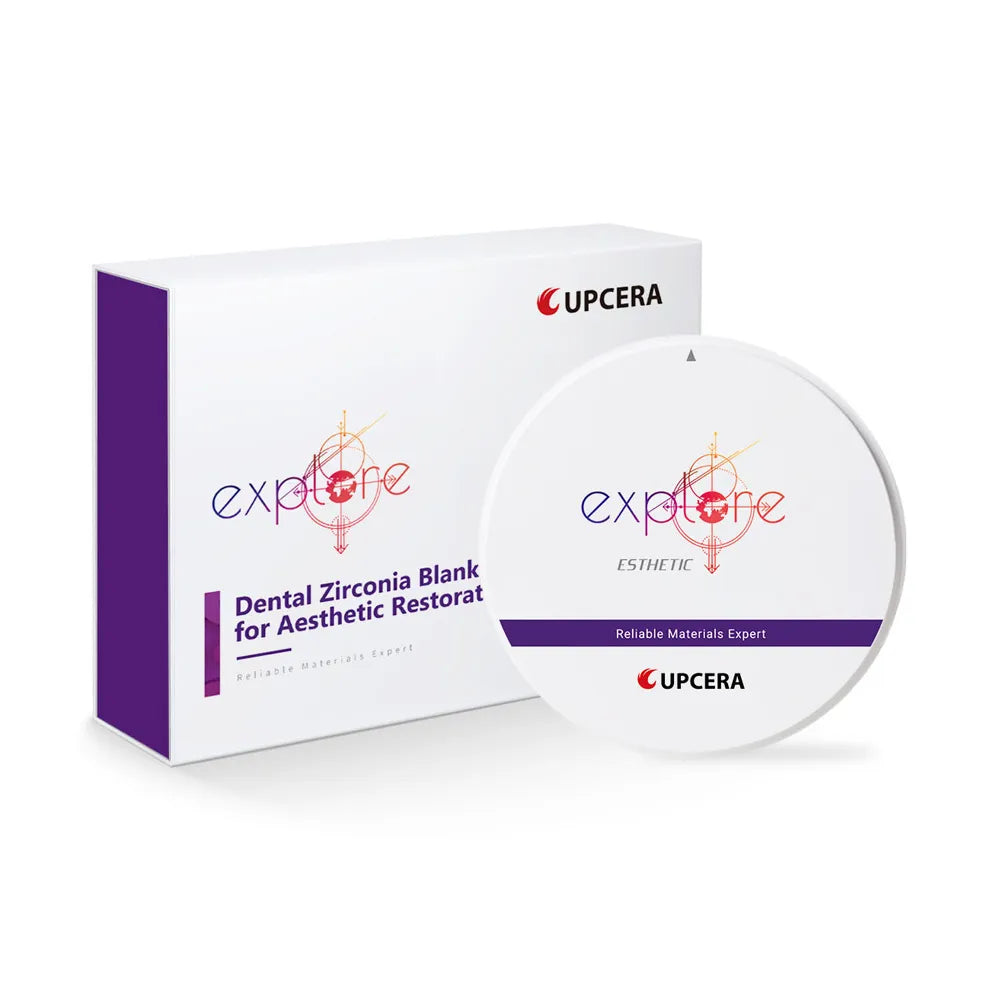 Upcera dental zirconia blanks for aesthetic restorations in packaging with a round blank shown