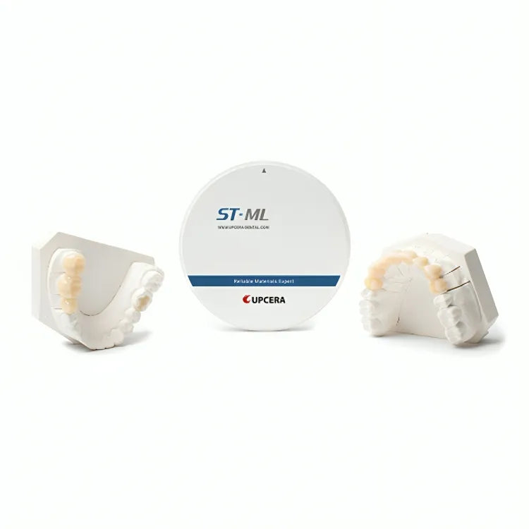 Upcera dental zirconia blanks in ST-ML shade with dental models showcasing precision and quality