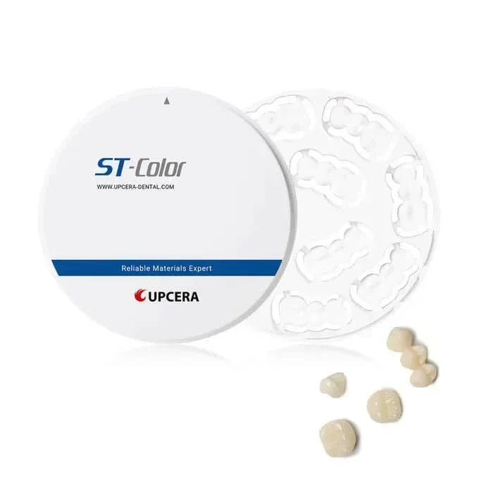 Upcera ST pre-shaded zirconia blanks in a container, showcasing different shades for dental use