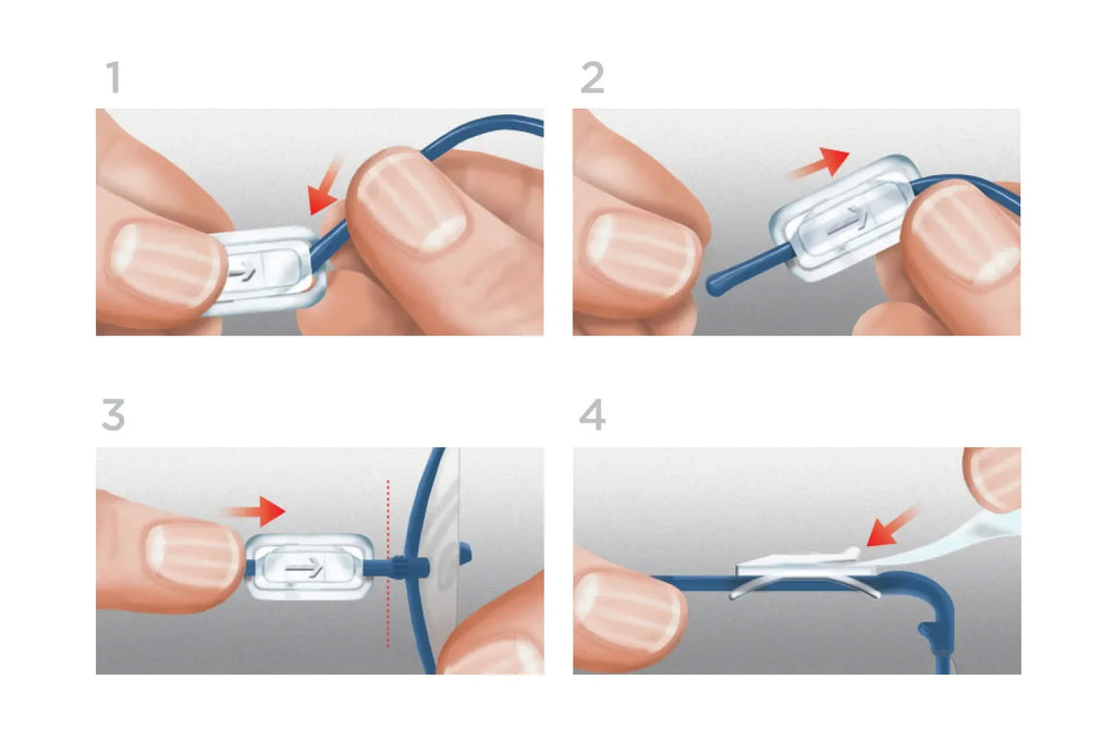 Beetle Dental Vista-Tec Clipon face shield assembly instructions showing hands clipping clear plastic latch onto blue frame