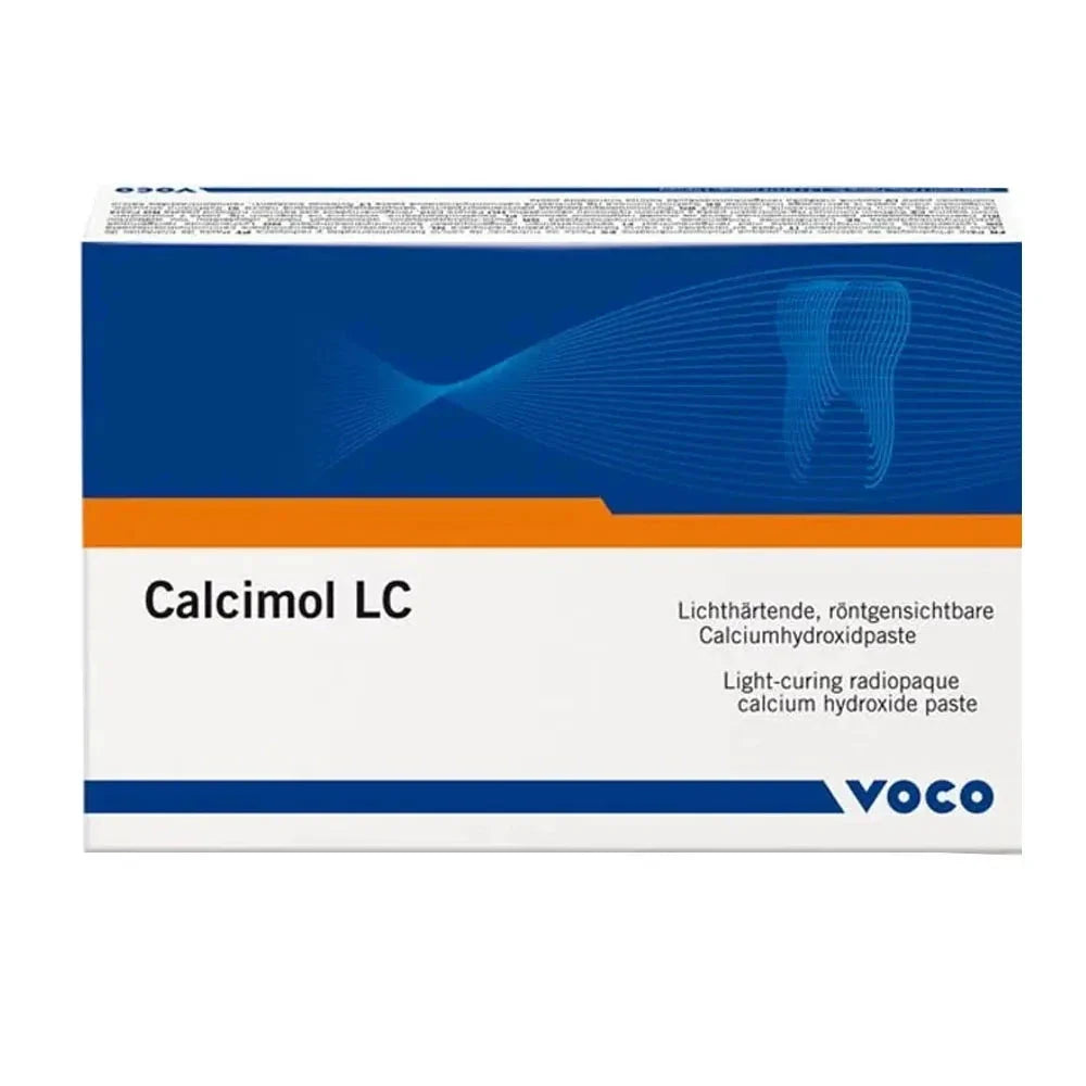 Voco Calcimol LC dental paste box featuring light-curing radiopaque calcium hydroxide formulation