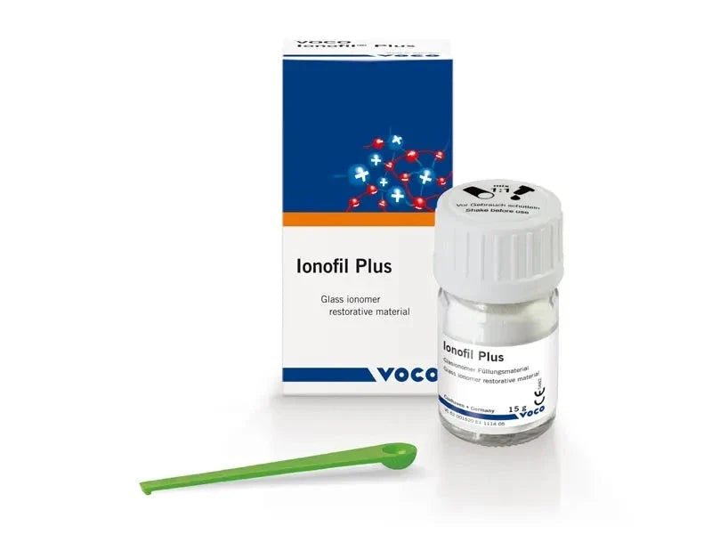 Voco Ionofil Plus dental material in a bottle with a mixing scoop and packaging for restorative dental care