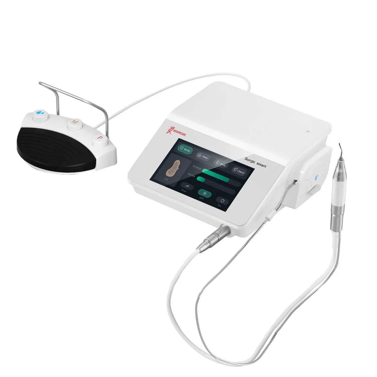 Woodpecker Surgic Smart piezosurgery unit by Beetle Dental white touchscreen surgical piezo device with handpiece and foot control