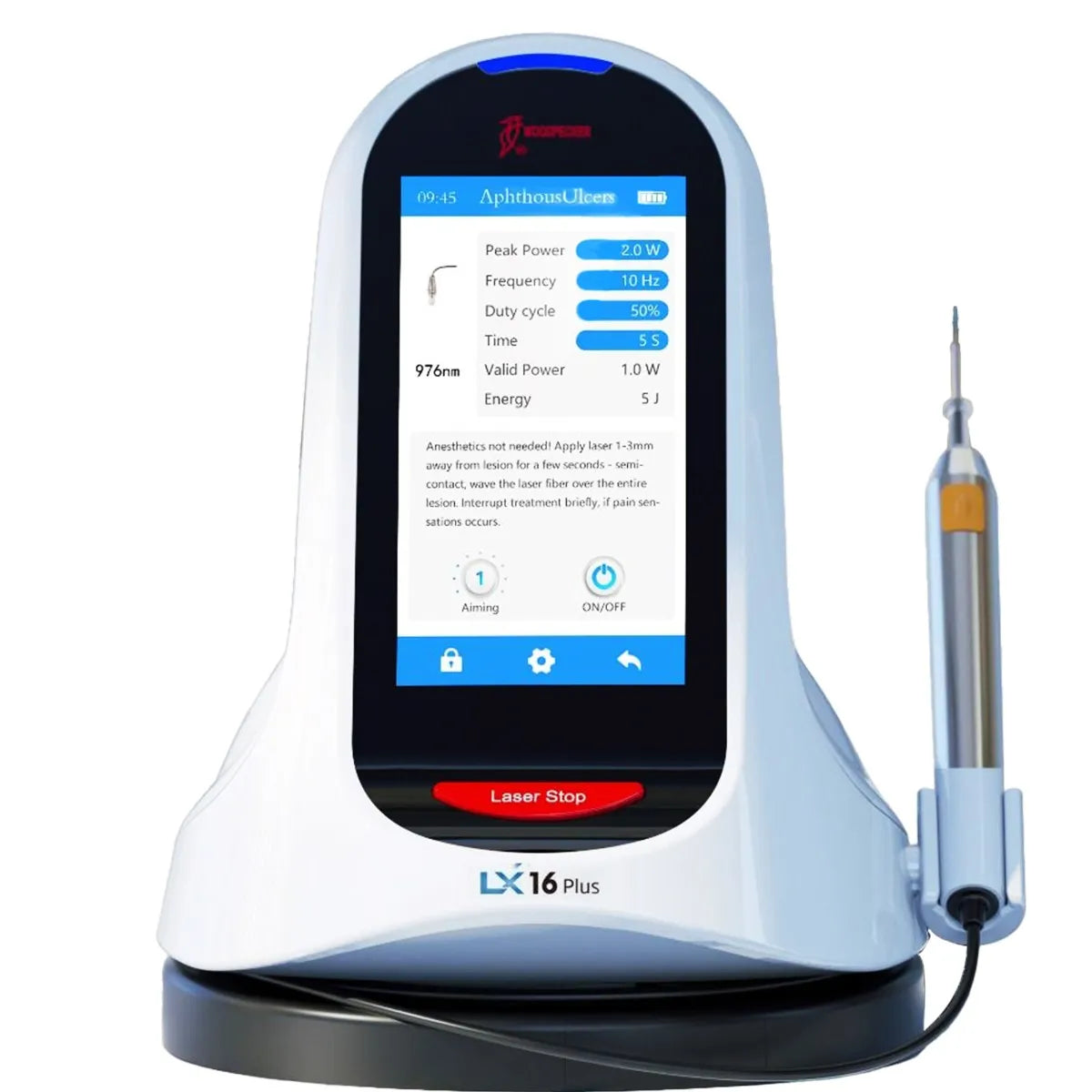 Woodpecker LX16 Plus dental diode laser white touchscreen tabletop unit with handpiece for soft tissue procedures