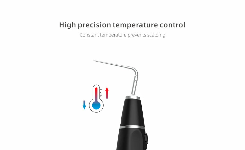 Woodpecker Obturation Pen for dentists. Black obturation pen with angled metal tip and temperature control icon