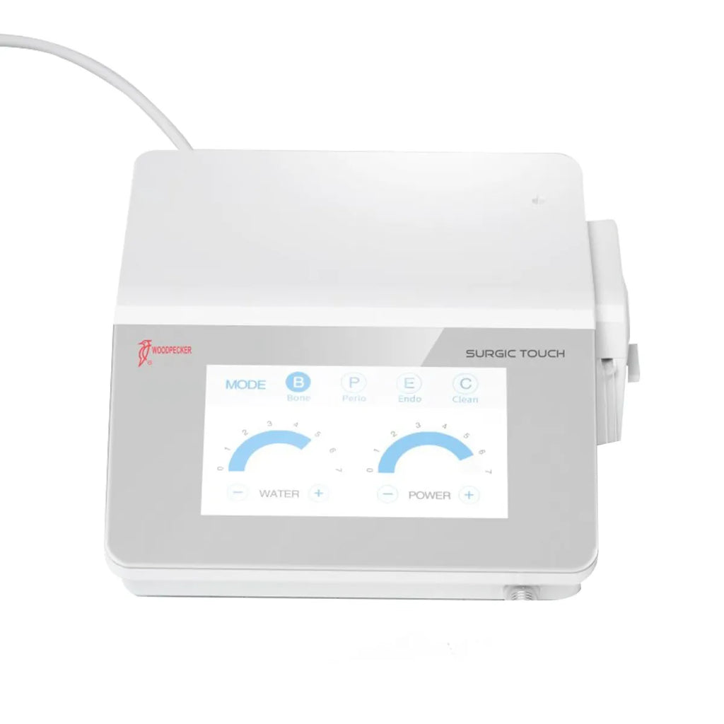 Woodpecker Surgic Touch piezosurgery unit. White compact touchscreen piezo surgical device with water and power for dental surgery