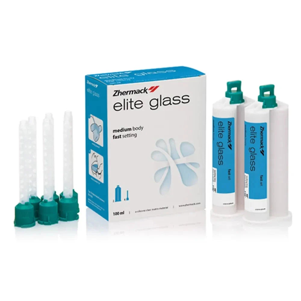 Zhermack Elite Glass dental material kit with dual cartridges and mixing tips for dental use
